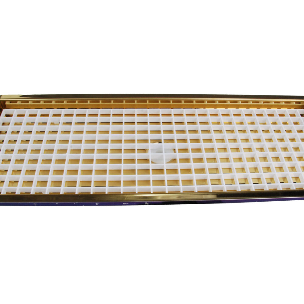 616FB PVD Brass Flush Mount Tray with Drain and Plastic Grid- 15"L x 5 3/8"W x 3/4"D