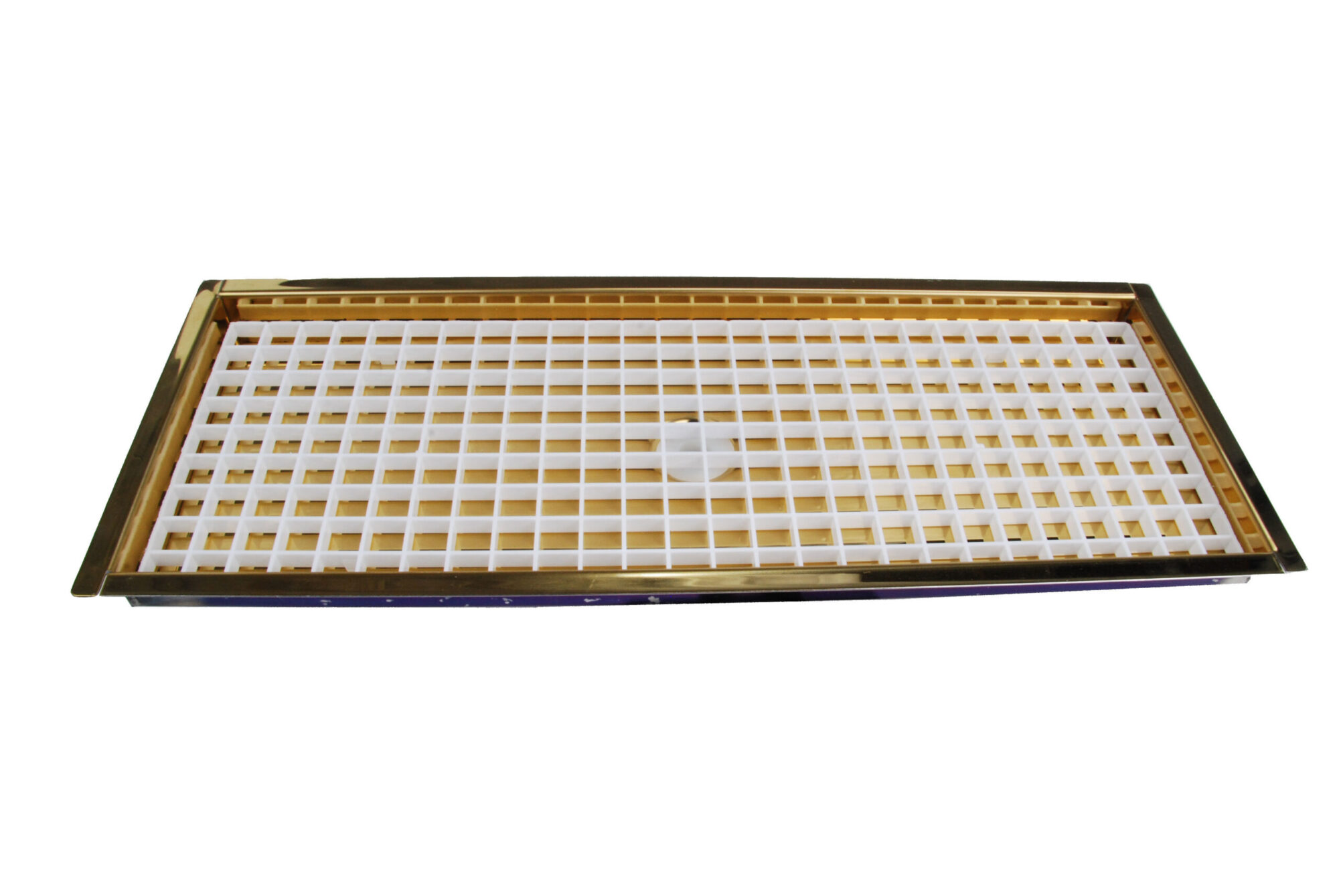 616FBS PVD Brass Flush Mount Tray with Drain and Plastic Grid- 8"L x 5 3/8"W x 3/4"D