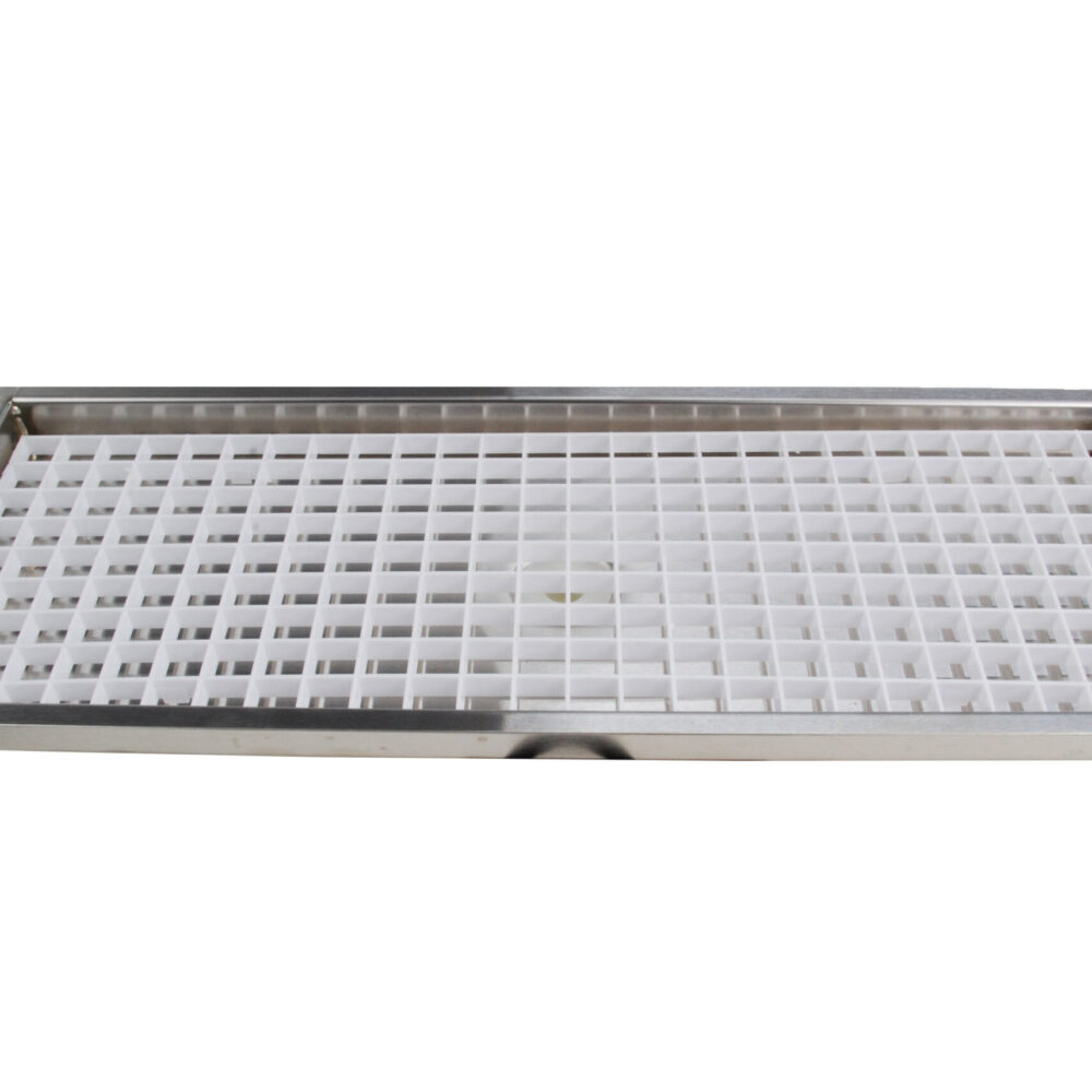 616FL-30 Stainless Steel Flush Mount Tray with Drain and Plastic Grid- 30"L x 5 3/8"W x 3/4"D