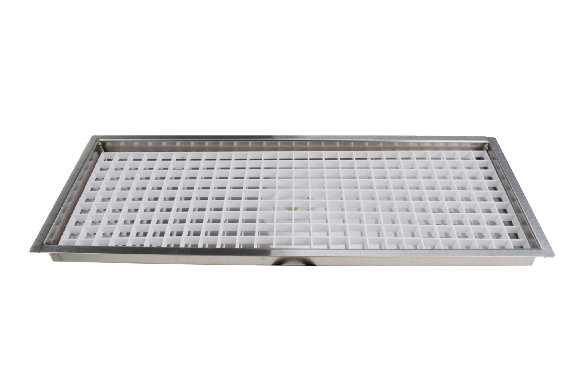 616FL-36 Stainless Steel Flush Mount Tray with Drain and Plastic Grid- 36"L x 5 3/8"W x 3/4"D