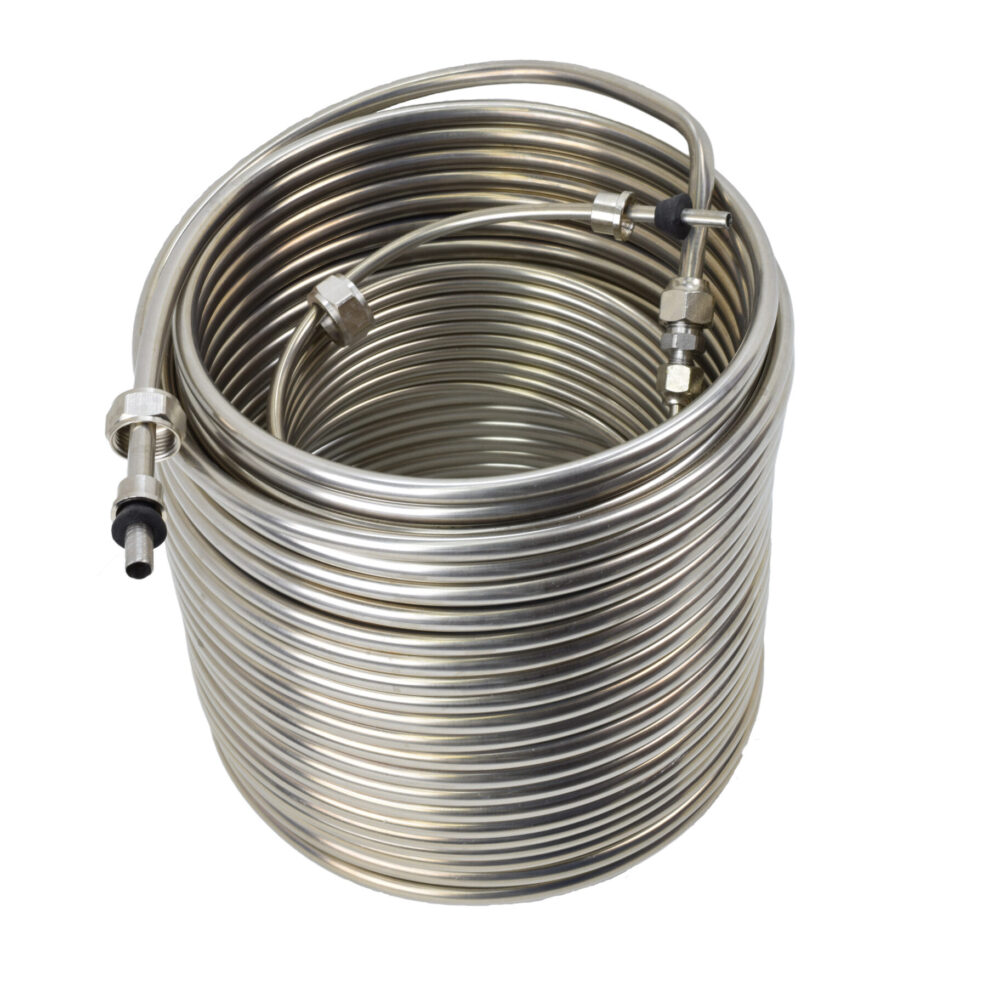 62-120R Stainless Steel Coil - 100' of 3/8" OD Coil Coupled to 20' of 1/4" OD Coil - Incoming on the Right