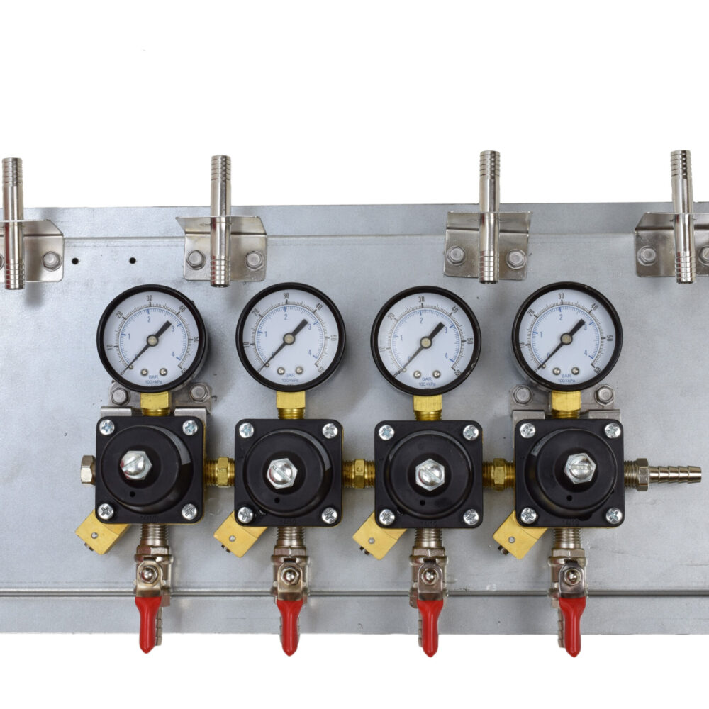704P Bank of Four Cornelius Secondary Regulators Mounted on a Panel with 3/8" Barbed Wall Brackets