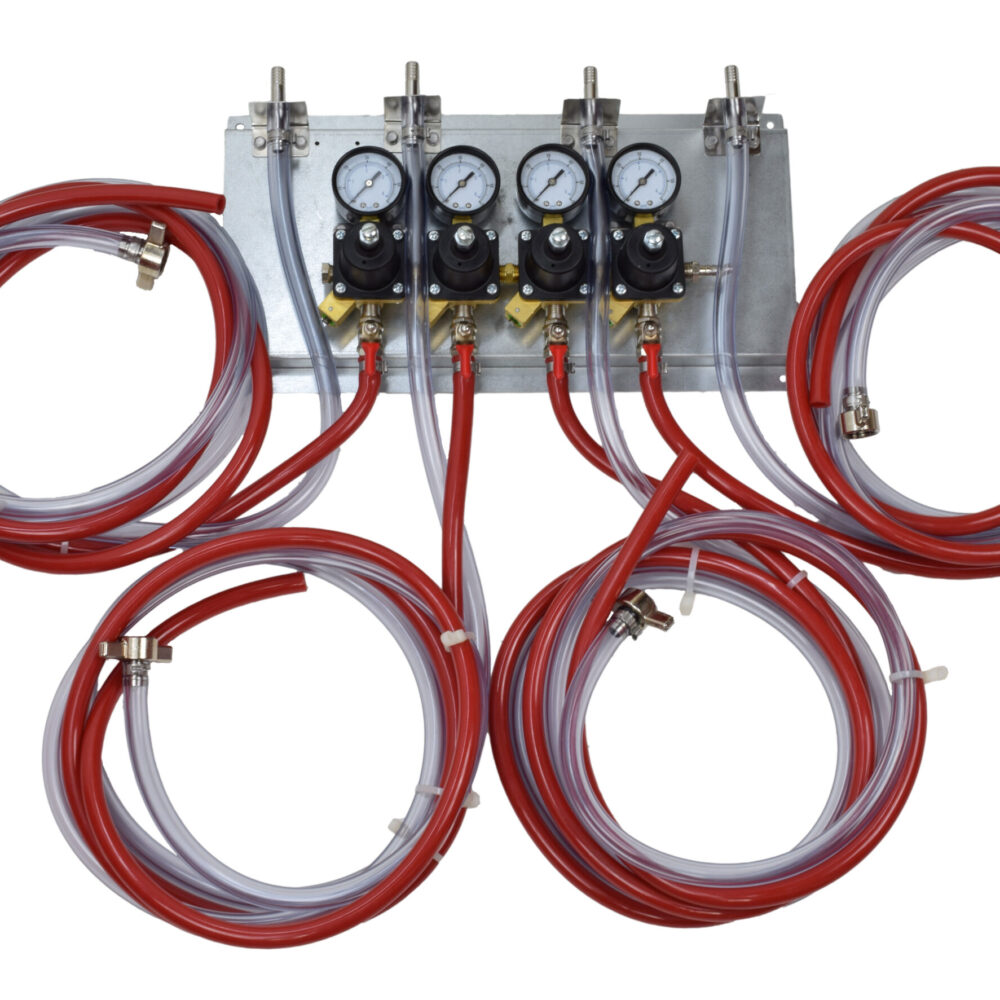 704PH Bank of Four Cornelius Secondary Regulators Mounted on a Panel with 3/8" Wall Brackets and 8' Hoses