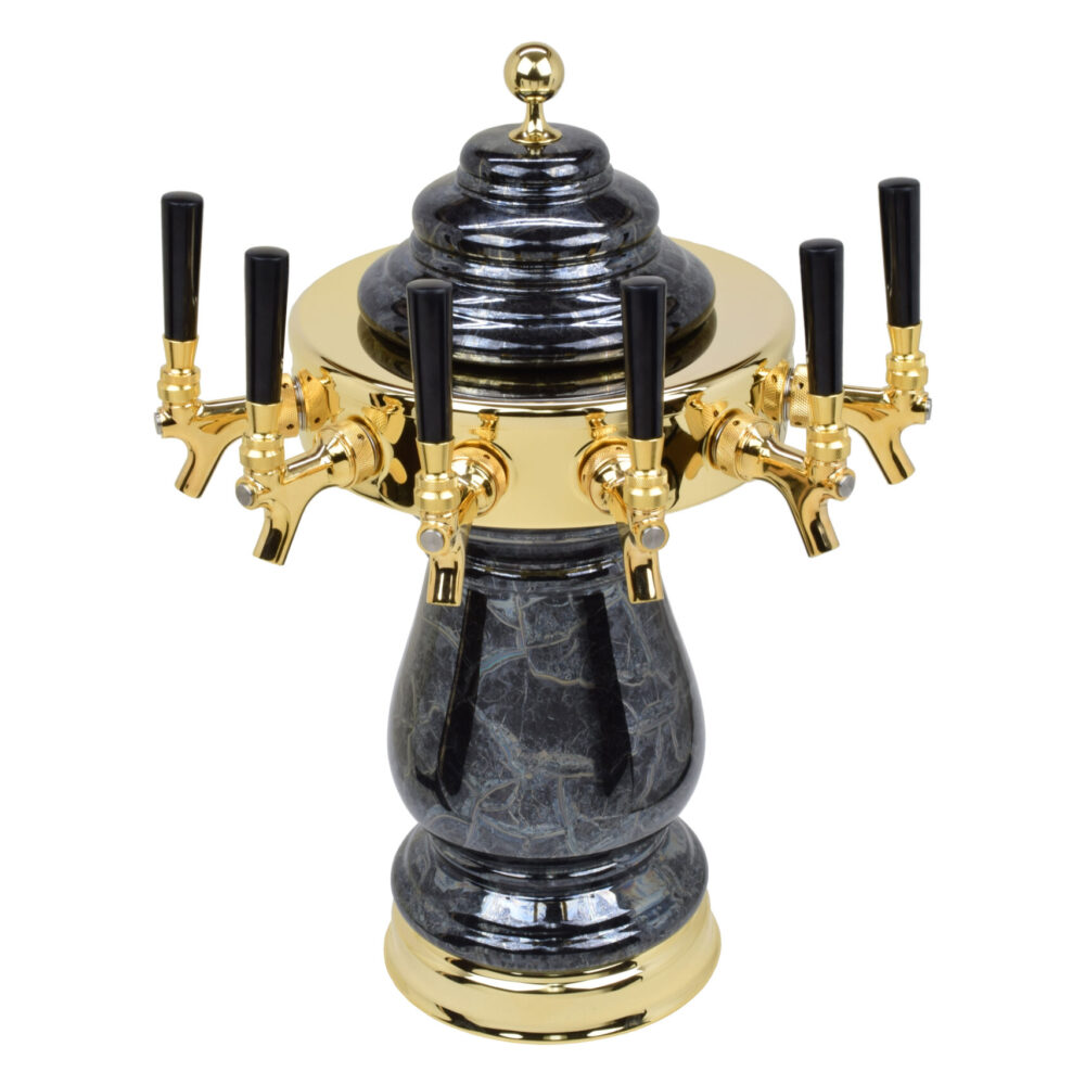 884B-6 Six Faucet Ceramic Tower with PVD Gold Hardware and Faucets - Shown in Black Marble