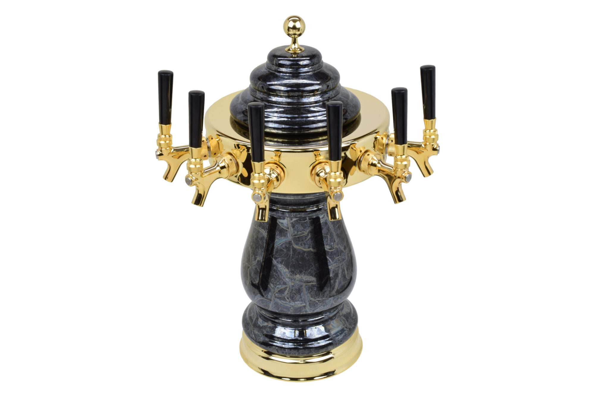 884B-6 Six Faucet Ceramic Tower with PVD Gold Hardware and Faucets - Shown in Black Marble