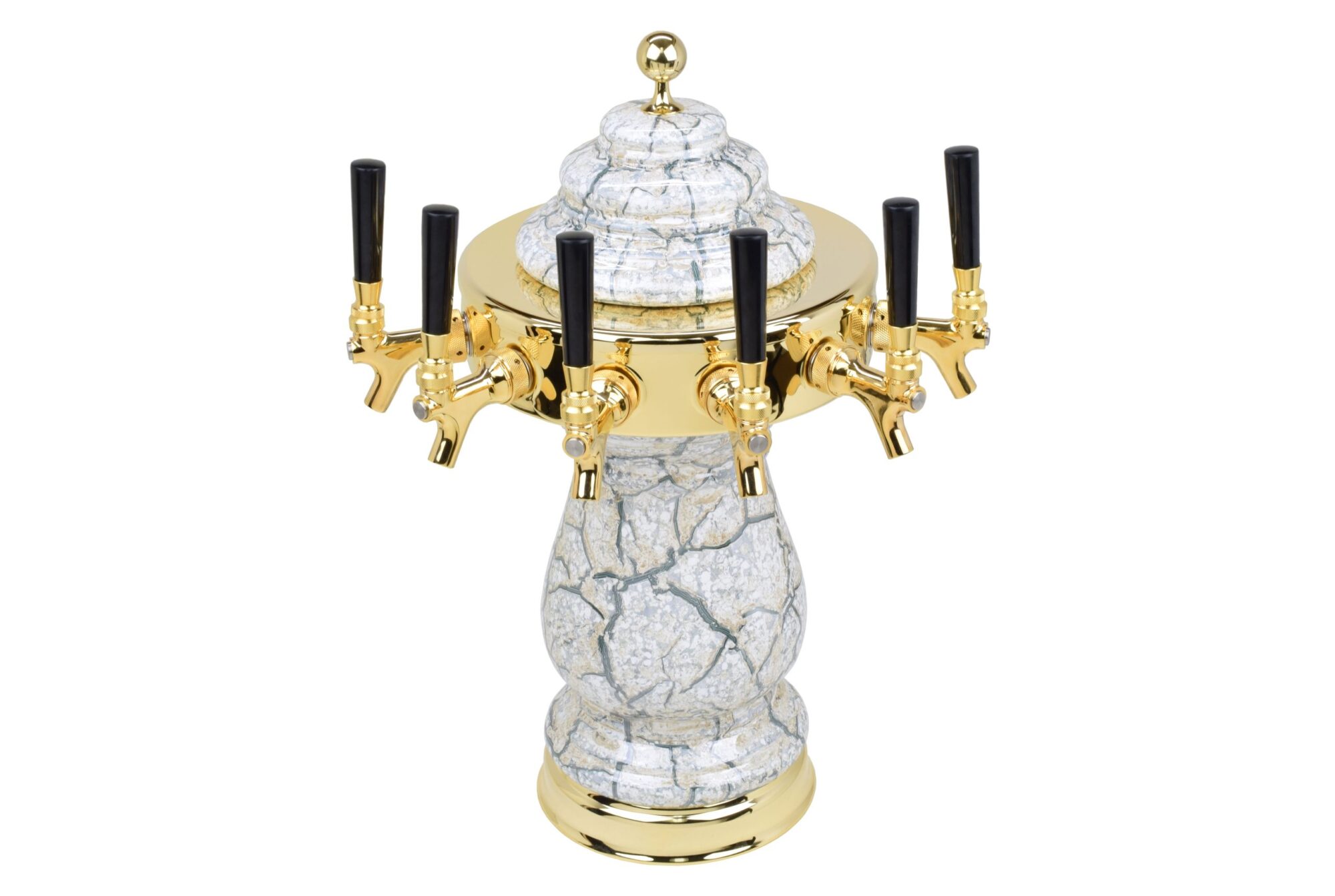 884B-6BeigeMarble Six Faucet Ceramic Tower with PVD Gold Hardware and Faucets - Shown in Beige Marble