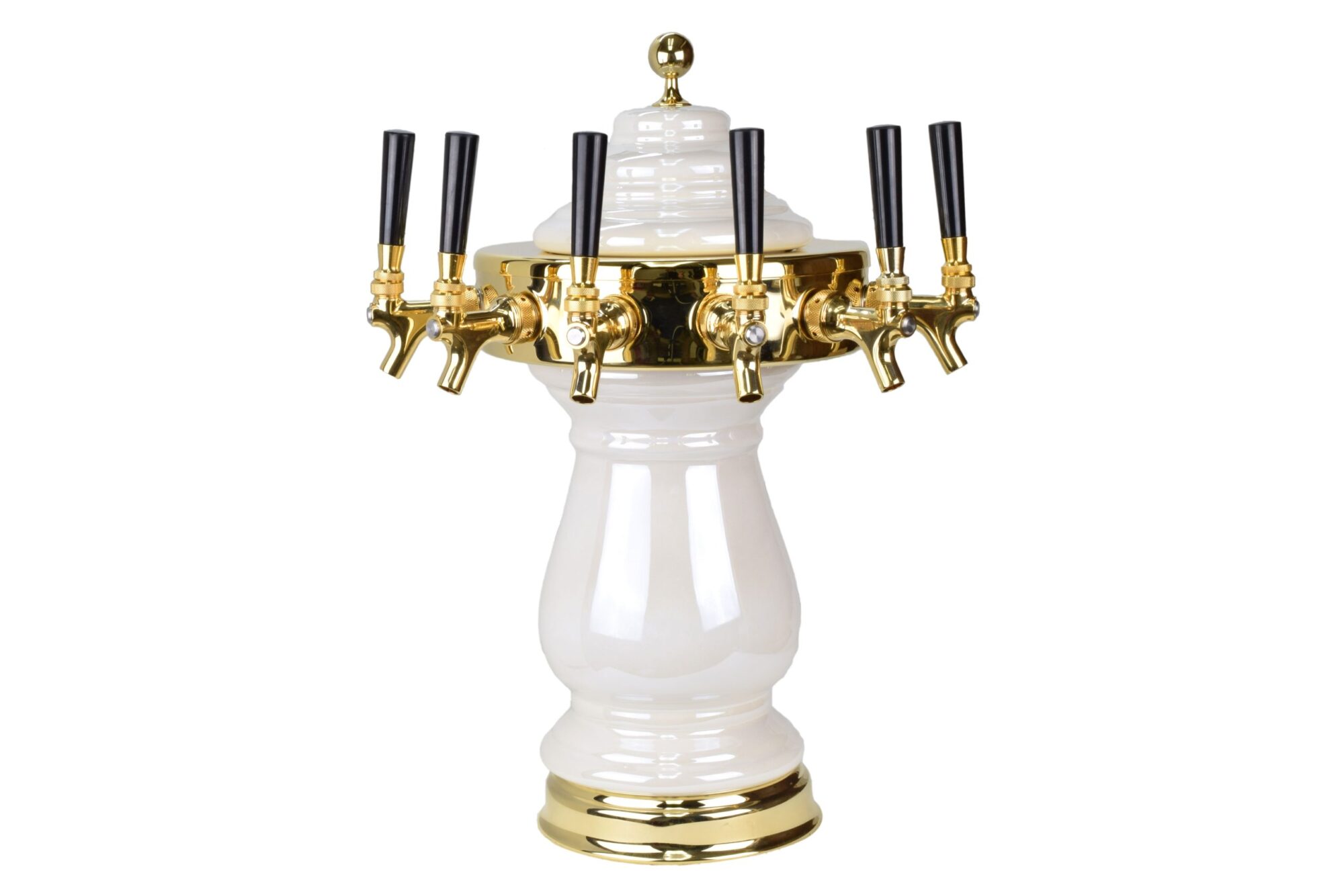 884B-6PW -- Six Faucet Ceramic Tower with PVD Gold Hardware and Faucets - Shown in Pearl White