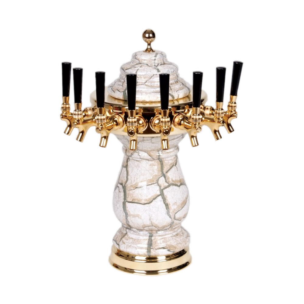 884B-8 -- Eight Faucet Ceramic Tower with PVD Gold Hardware and Faucets - Shown in Beige Marble