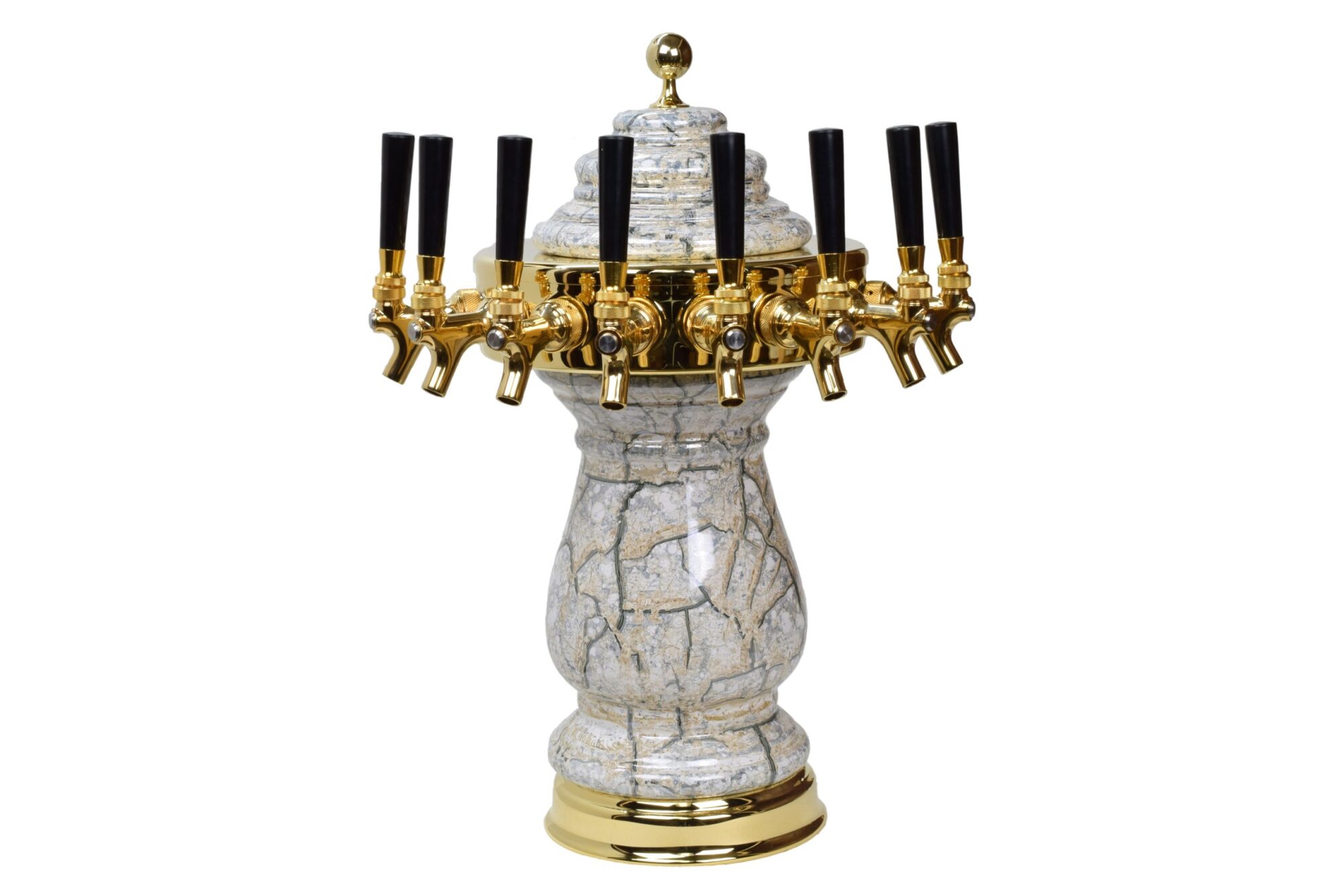 884B-8 -- Eight Faucet Ceramic Tower with PVD Gold Hardware and Faucets - Shown in Beige Marble