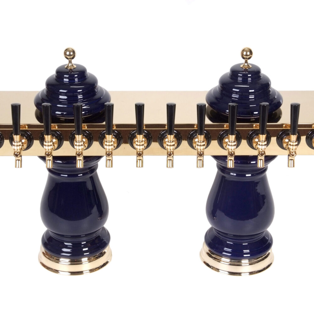 886B-12 -- Twelve Faucet Ceramic Double Pedestal Tower with PVD Brass Top and Faucets - Shown with Cobalt Blue Ceramic Bases