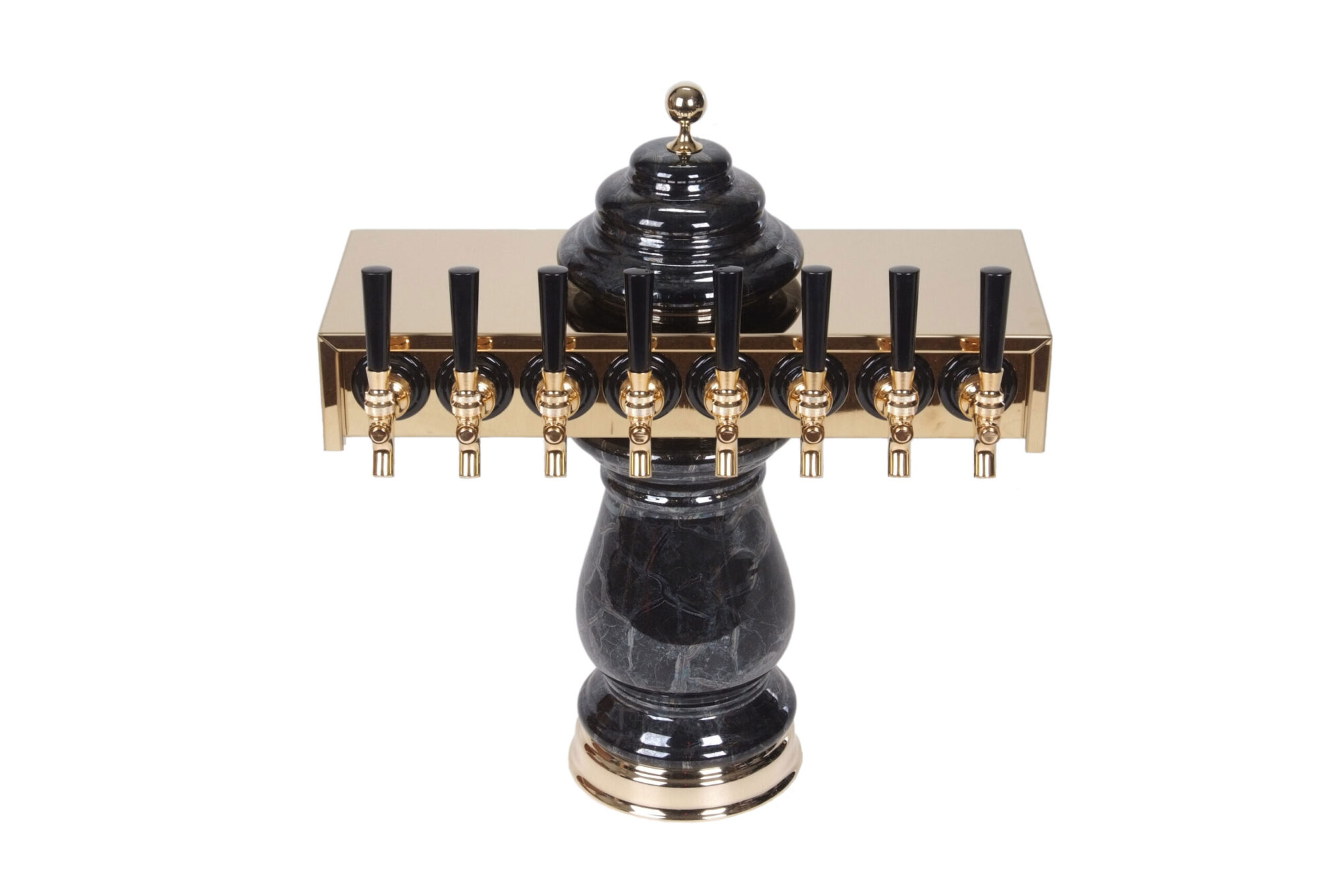 887B-8 -- Eight Faucet Ceramic T-Tower with PVD Brass Top and Faucets - Shown in Black Marble Ceramic