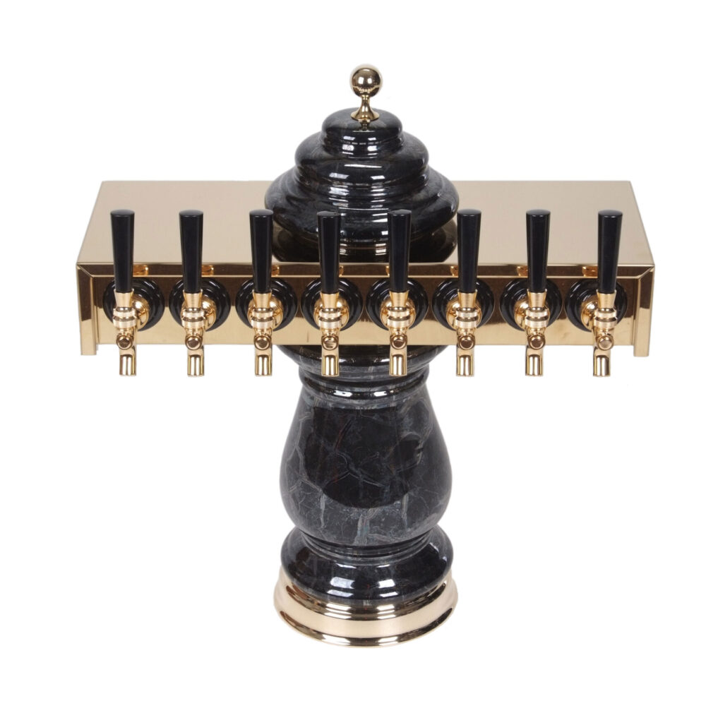 887BG-8 -- Eight Faucet Ceramic T-Tower with PVD Brass Top and Faucets - Glycol Ready - Shown in Black Marble