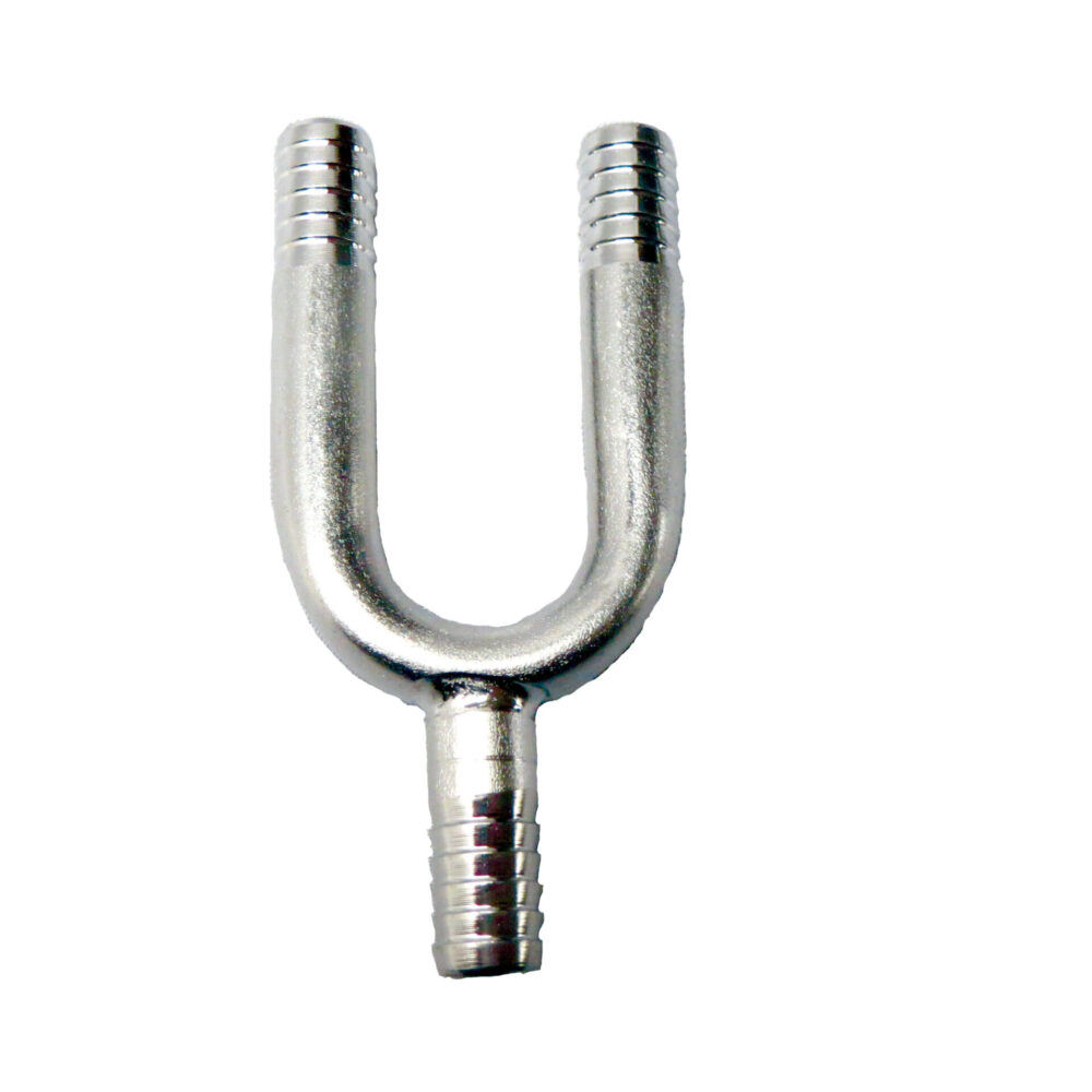 KU-SM3 Stainless Steel Barbed 3-Way fits 3/8" Hose - 1 1/8" on Center Spacing