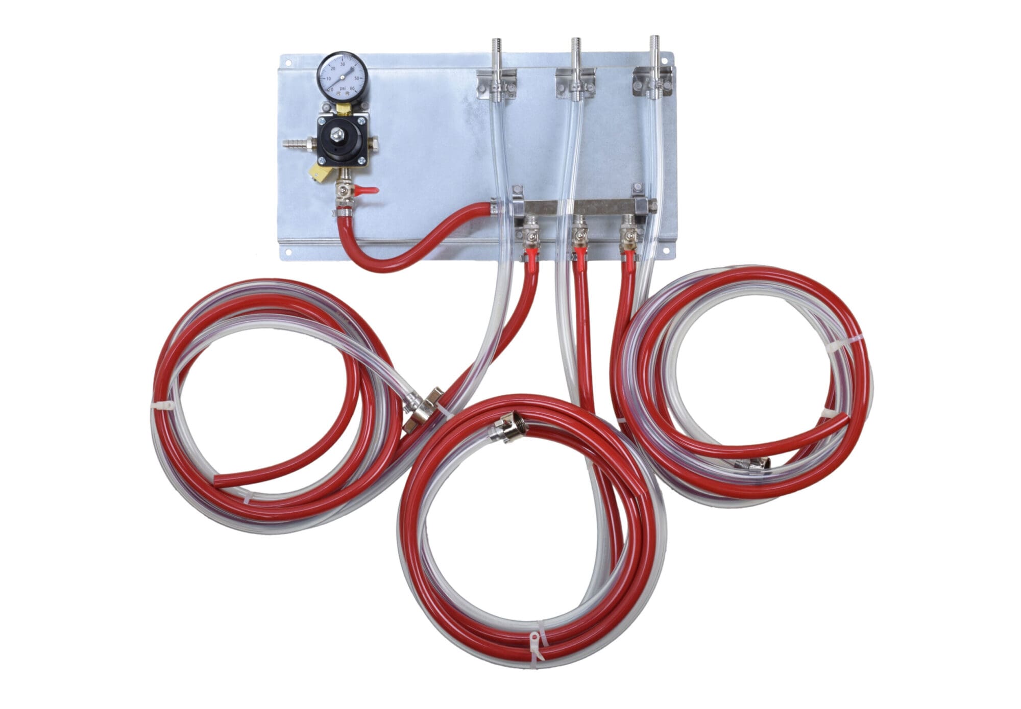 701-3D Cornelius Secondary Regulator Feeding a Three Way Distributor - With 8' Hoses and Wing Nuts