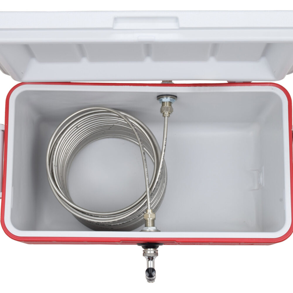 803-100SS Single Product Coil Box with 100' Stainless Steel Coil in a 48qt Red Cooler - All SS Contact