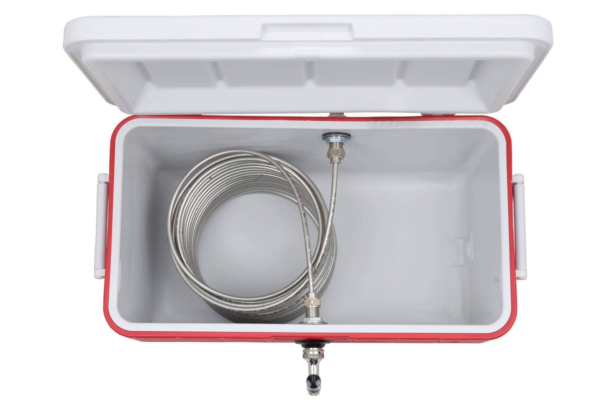 803-100SS Single Product Coil Box with 100' Stainless Steel Coil in a 48qt Red Cooler - All SS Contact