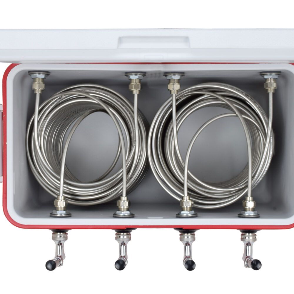 811Q-100SS Four Product Coil Box with 100' Stainless Steel Coils in a 48qt Red Cooler - All SS Contact