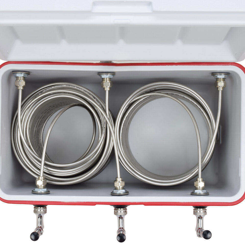 811T-100SS Three Product Coil Box with 100' Stainless Steel Coils in a 48qt Red Cooler - All SS Contact