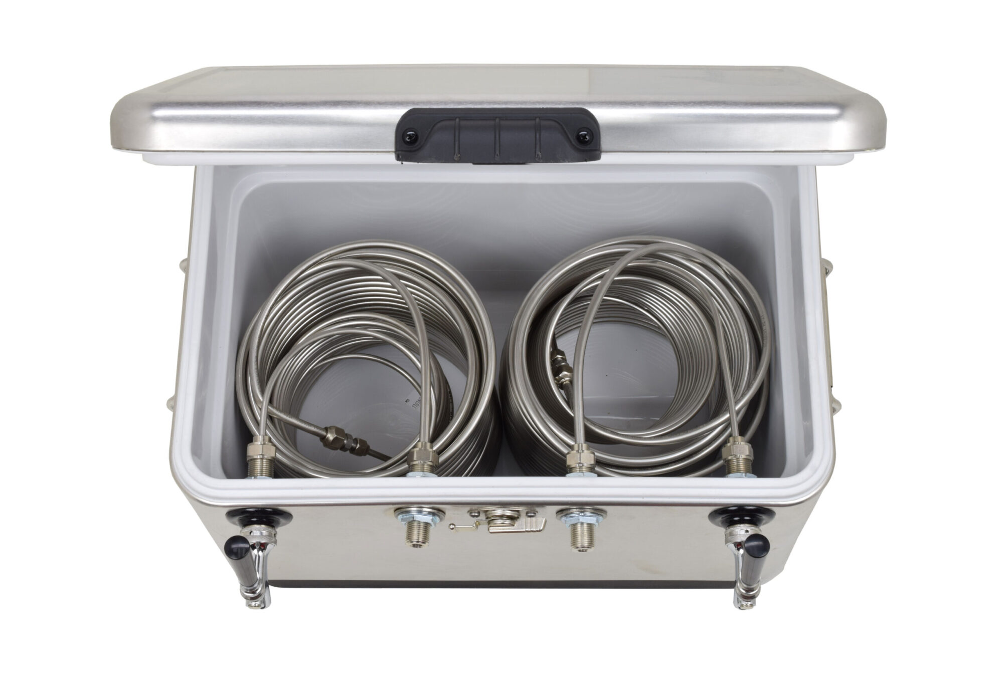 811MB-20FSS Two Product 54qt Stainless Steel Cooler with 120' Coils - 304 SS Faucets, Shanks and Cooler Couplings - Bartender Style